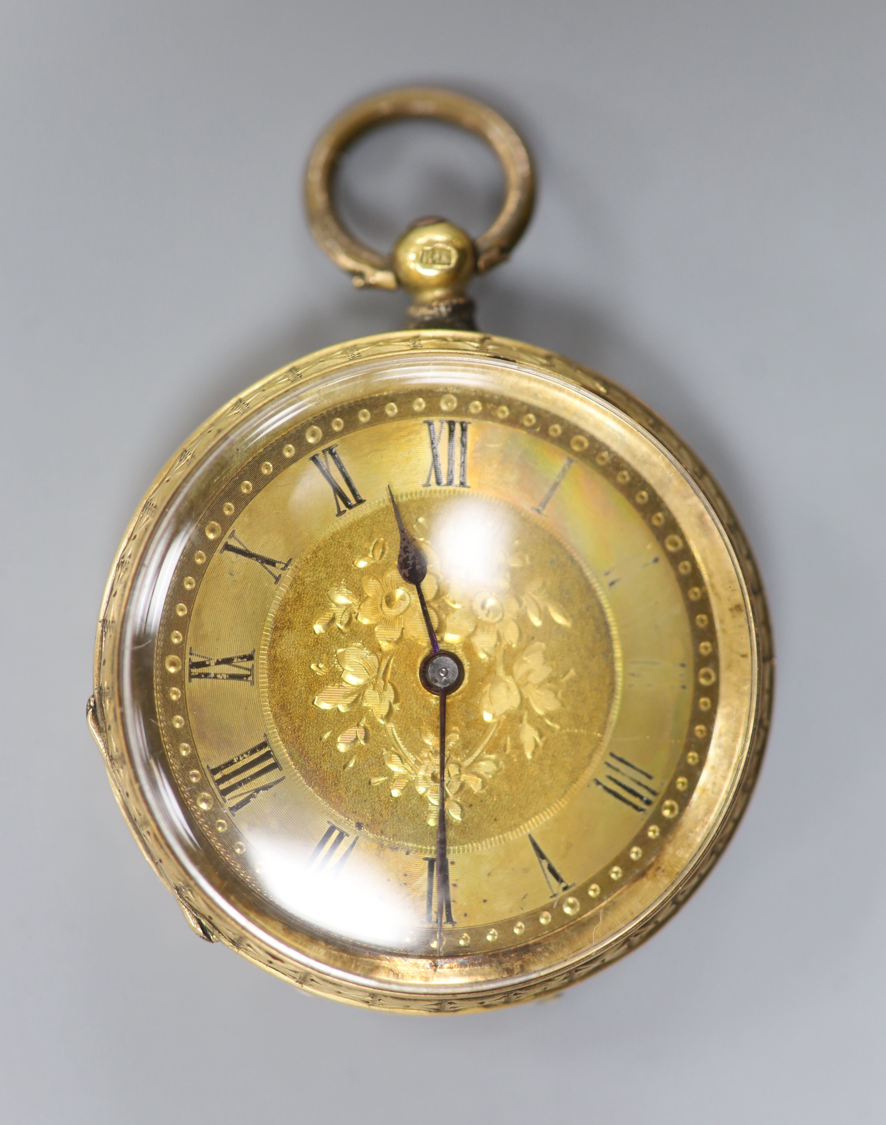 A lady's continental engraved 18k yellow metal open face pocket watch